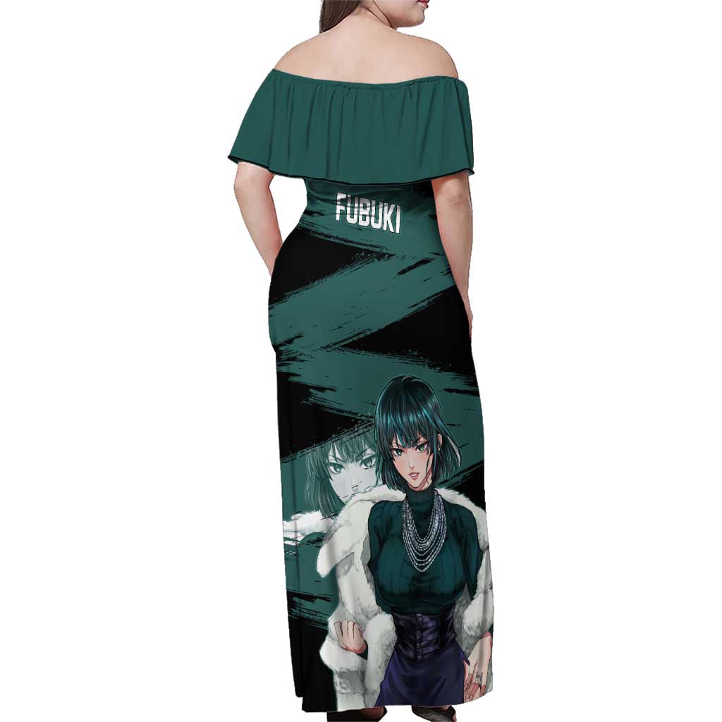 Fubuki One Punch Man Anime Teal and Black Theme Family Matching Off Shoulder Maxi Dress and Hawaiian Shirt with Elegant Psychic Pose and Cool Urban Style