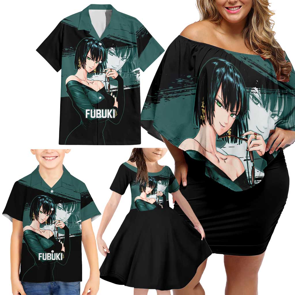 Fubuki One Punch Man Anime Teal and Black Theme Family Matching Off Shoulder Short Dress and Hawaiian Shirt with Elegant Psychic Pose and Cool Urban Style