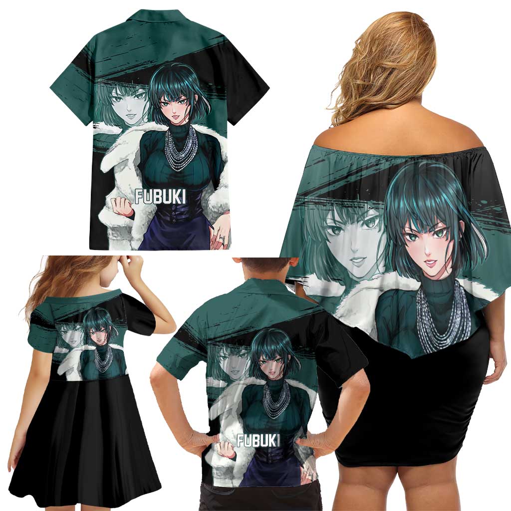 Fubuki One Punch Man Anime Teal and Black Theme Family Matching Off Shoulder Short Dress and Hawaiian Shirt with Elegant Psychic Pose and Cool Urban Style