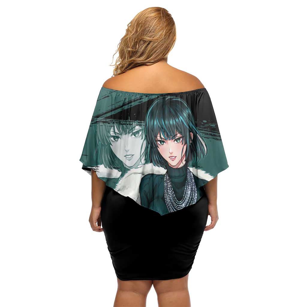 Fubuki One Punch Man Anime Teal and Black Theme Family Matching Off Shoulder Short Dress and Hawaiian Shirt with Elegant Psychic Pose and Cool Urban Style