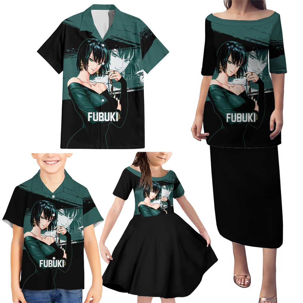 Fubuki One Punch Man Anime Teal and Black Theme Family Matching Puletasi and Hawaiian Shirt with Elegant Psychic Pose and Cool Urban Style
