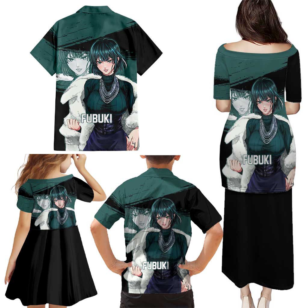 Fubuki One Punch Man Anime Teal and Black Theme Family Matching Puletasi and Hawaiian Shirt with Elegant Psychic Pose and Cool Urban Style