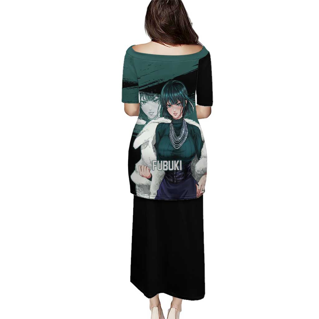 Fubuki One Punch Man Anime Teal and Black Theme Family Matching Puletasi and Hawaiian Shirt with Elegant Psychic Pose and Cool Urban Style