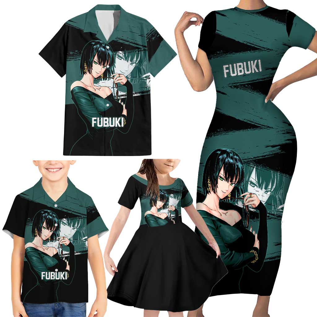 Fubuki One Punch Man Anime Teal and Black Theme Family Matching Short Sleeve Bodycon Dress and Hawaiian Shirt with Elegant Psychic Pose and Cool Urban Style