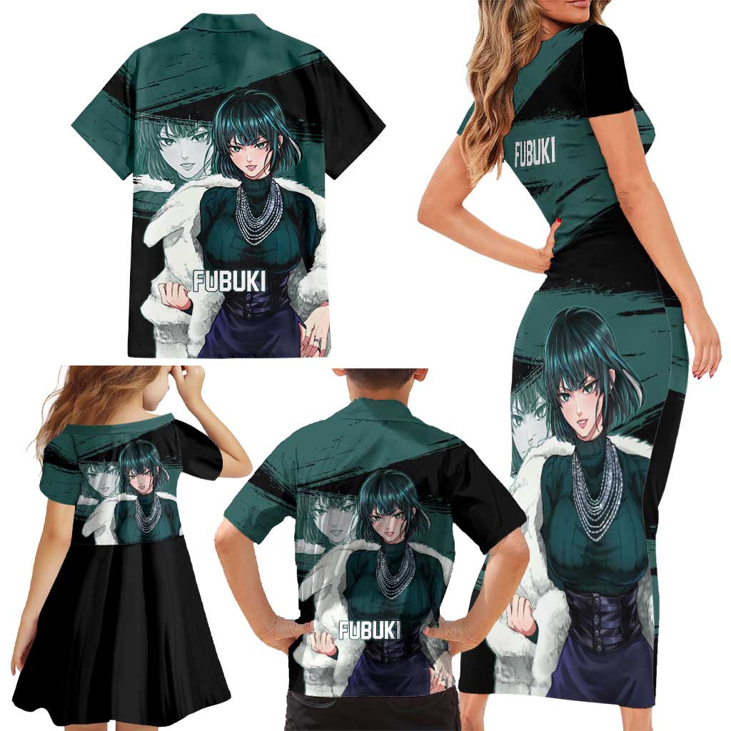 Fubuki One Punch Man Anime Teal and Black Theme Family Matching Short Sleeve Bodycon Dress and Hawaiian Shirt with Elegant Psychic Pose and Cool Urban Style