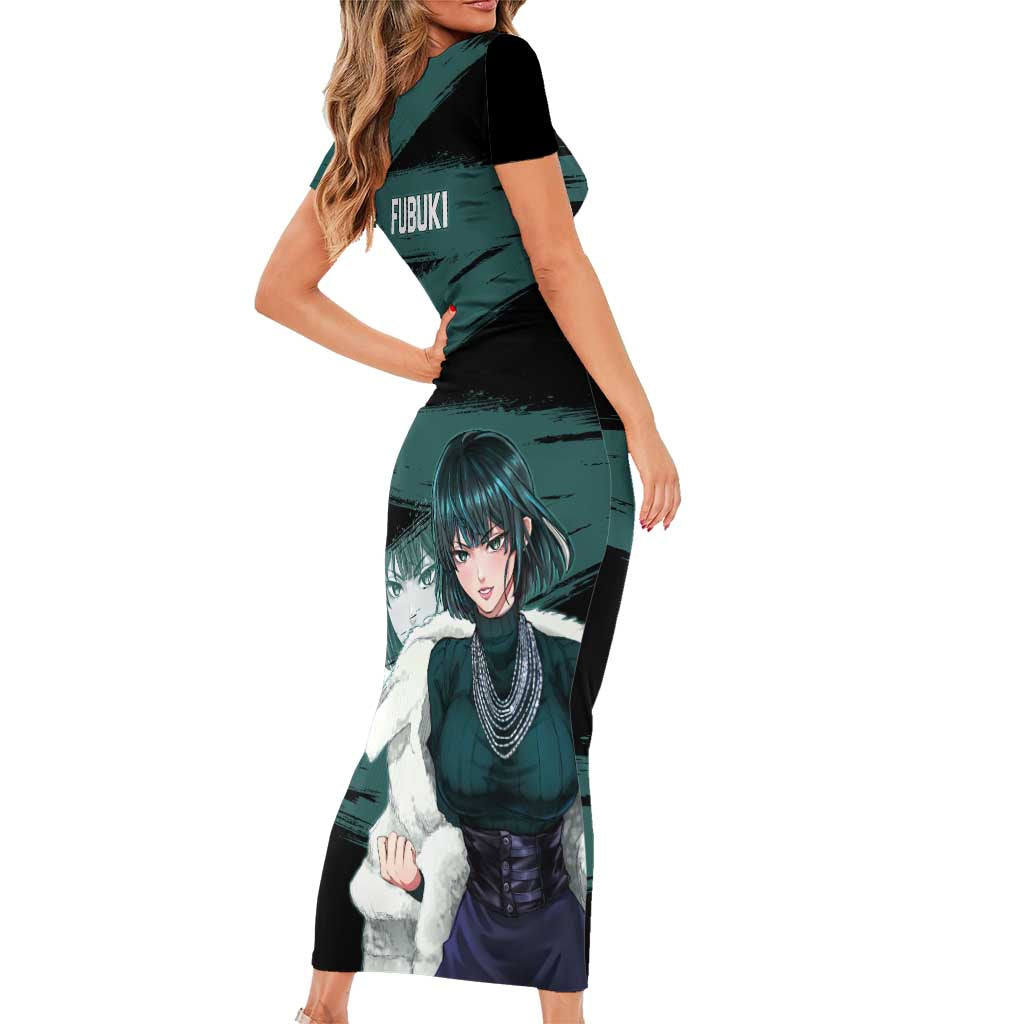 Fubuki One Punch Man Anime Teal and Black Theme Family Matching Short Sleeve Bodycon Dress and Hawaiian Shirt with Elegant Psychic Pose and Cool Urban Style