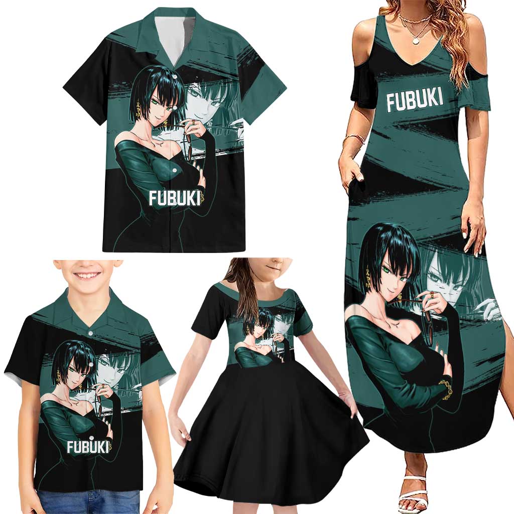 Fubuki One Punch Man Anime Teal and Black Theme Family Matching Summer Maxi Dress and Hawaiian Shirt with Elegant Psychic Pose and Cool Urban Style