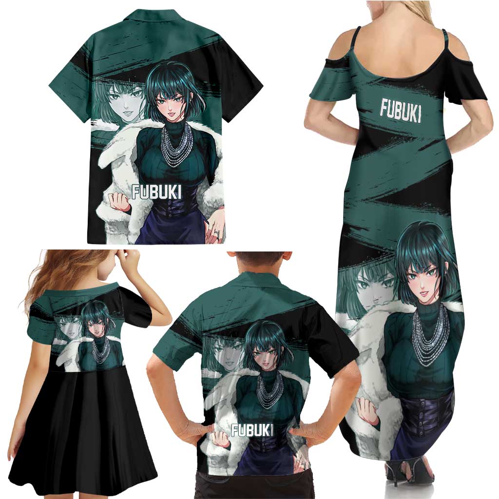 Fubuki One Punch Man Anime Teal and Black Theme Family Matching Summer Maxi Dress and Hawaiian Shirt with Elegant Psychic Pose and Cool Urban Style