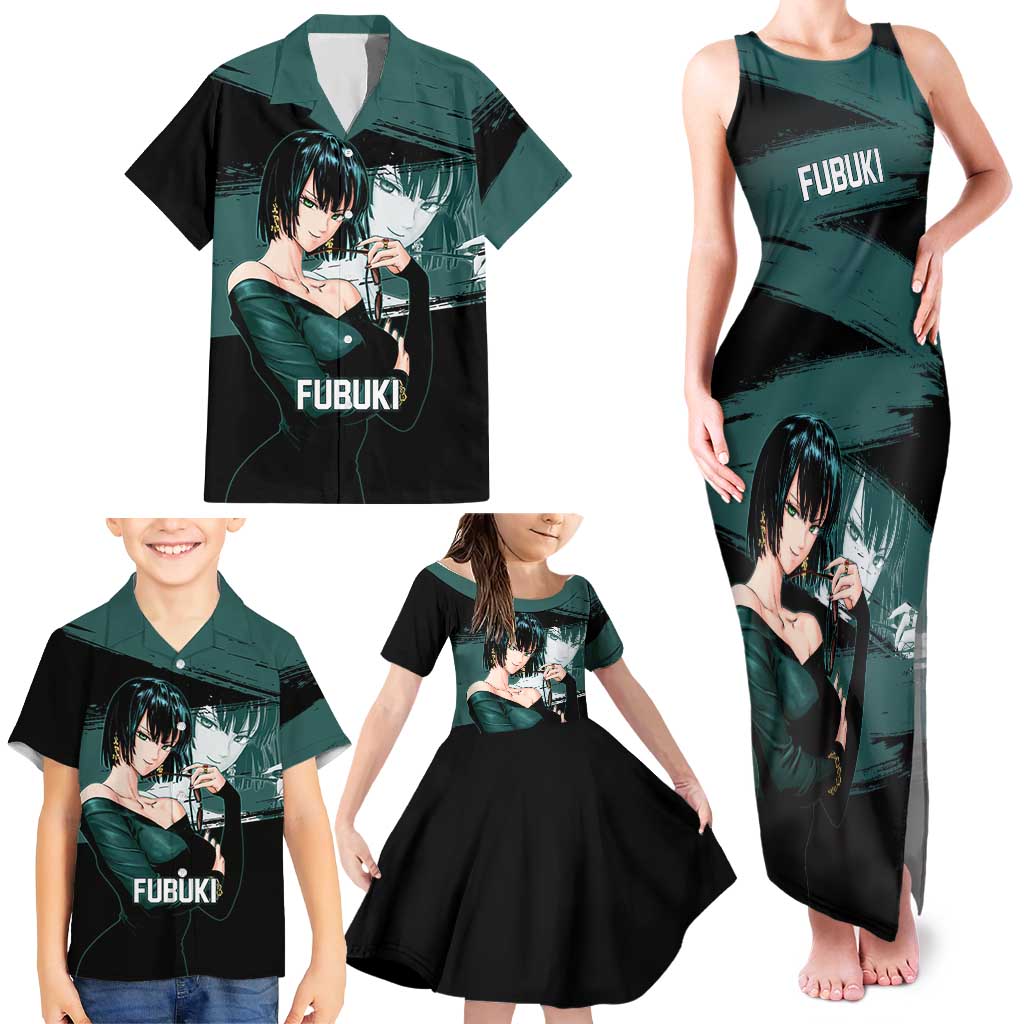 Fubuki One Punch Man Anime Teal and Black Theme Family Matching Tank Maxi Dress and Hawaiian Shirt with Elegant Psychic Pose and Cool Urban Style