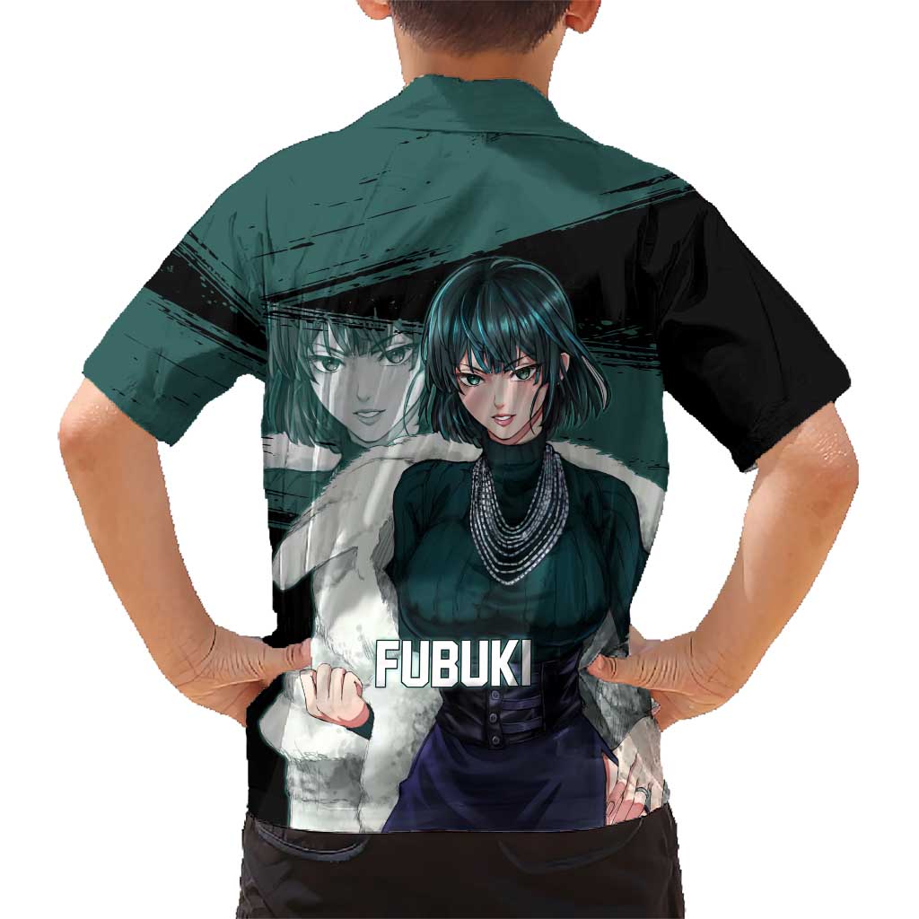 Fubuki One Punch Man Anime Teal and Black Theme Family Matching Tank Maxi Dress and Hawaiian Shirt with Elegant Psychic Pose and Cool Urban Style