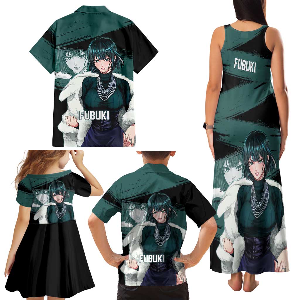 Fubuki One Punch Man Anime Teal and Black Theme Family Matching Tank Maxi Dress and Hawaiian Shirt with Elegant Psychic Pose and Cool Urban Style