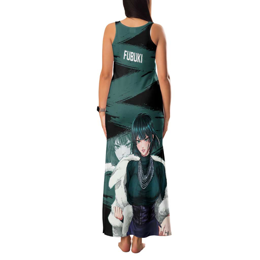 Fubuki One Punch Man Anime Teal and Black Theme Family Matching Tank Maxi Dress and Hawaiian Shirt with Elegant Psychic Pose and Cool Urban Style
