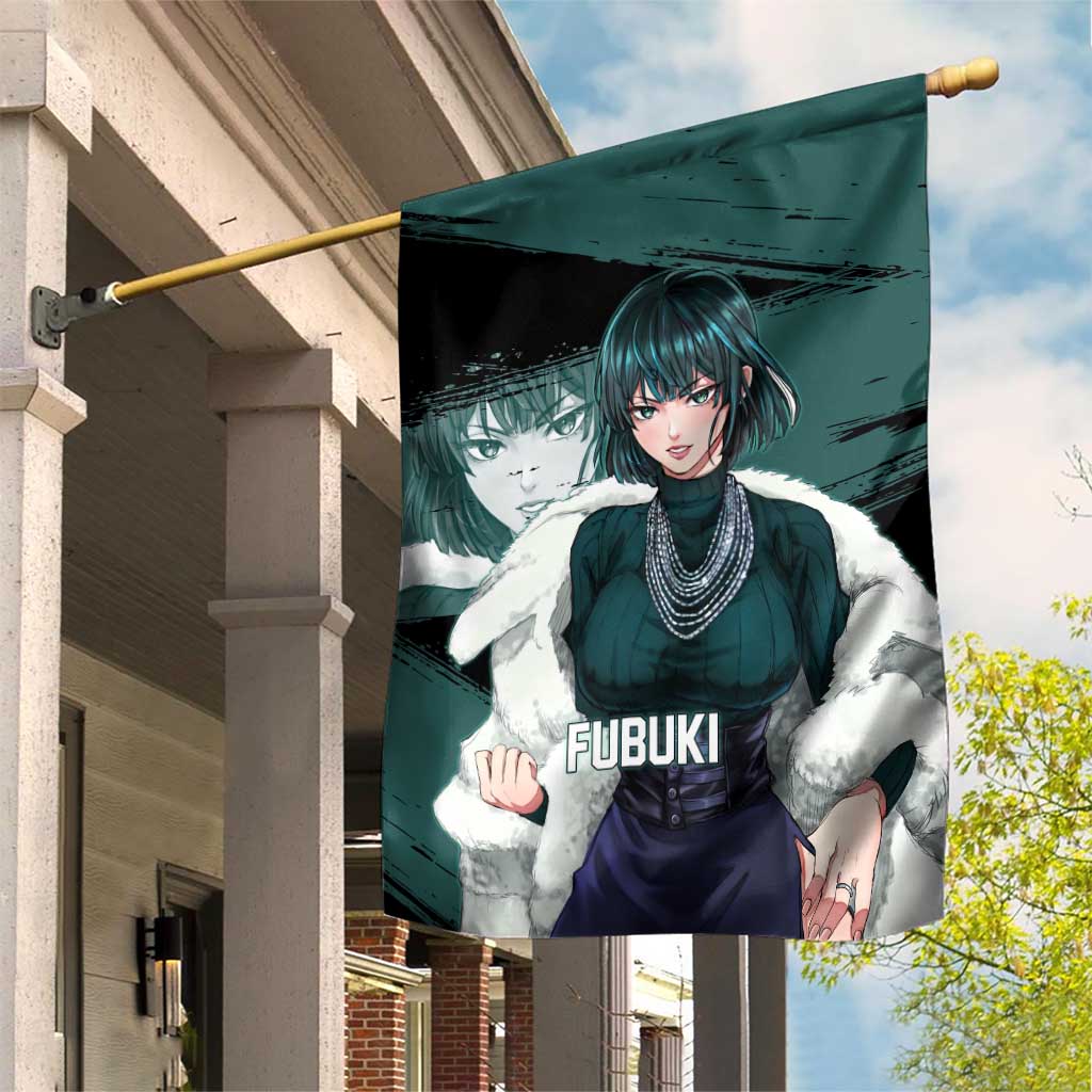 Fubuki One Punch Man Anime Teal and Black Theme Garden Flag with Elegant Psychic Pose and Cool Urban Style - The Mazicc