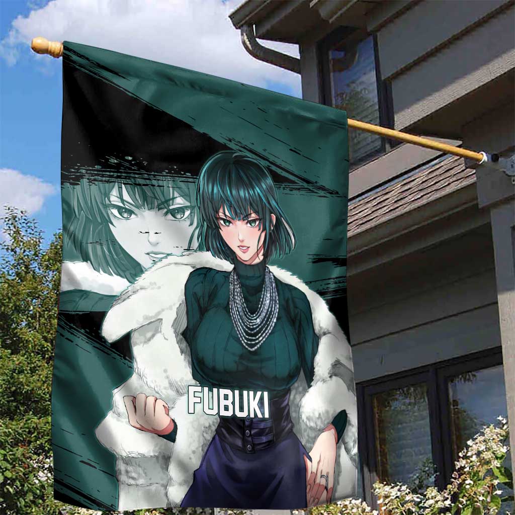 Fubuki One Punch Man Anime Teal and Black Theme Garden Flag with Elegant Psychic Pose and Cool Urban Style - The Mazicc