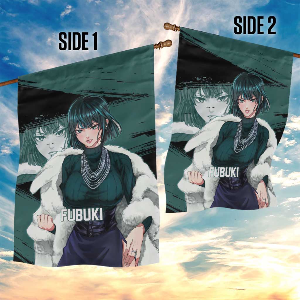 Fubuki One Punch Man Anime Teal and Black Theme Garden Flag with Elegant Psychic Pose and Cool Urban Style - The Mazicc