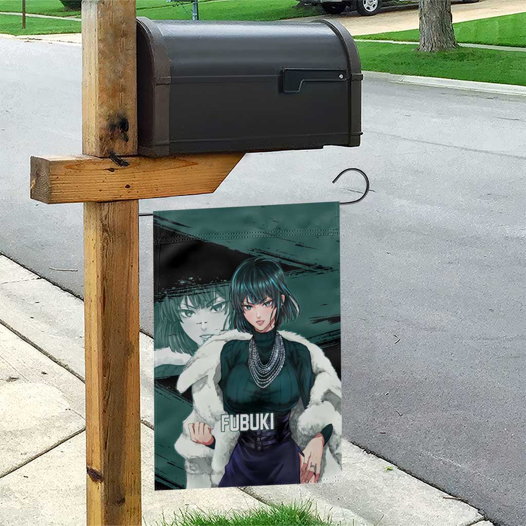Fubuki One Punch Man Anime Teal and Black Theme Garden Flag with Elegant Psychic Pose and Cool Urban Style - The Mazicc