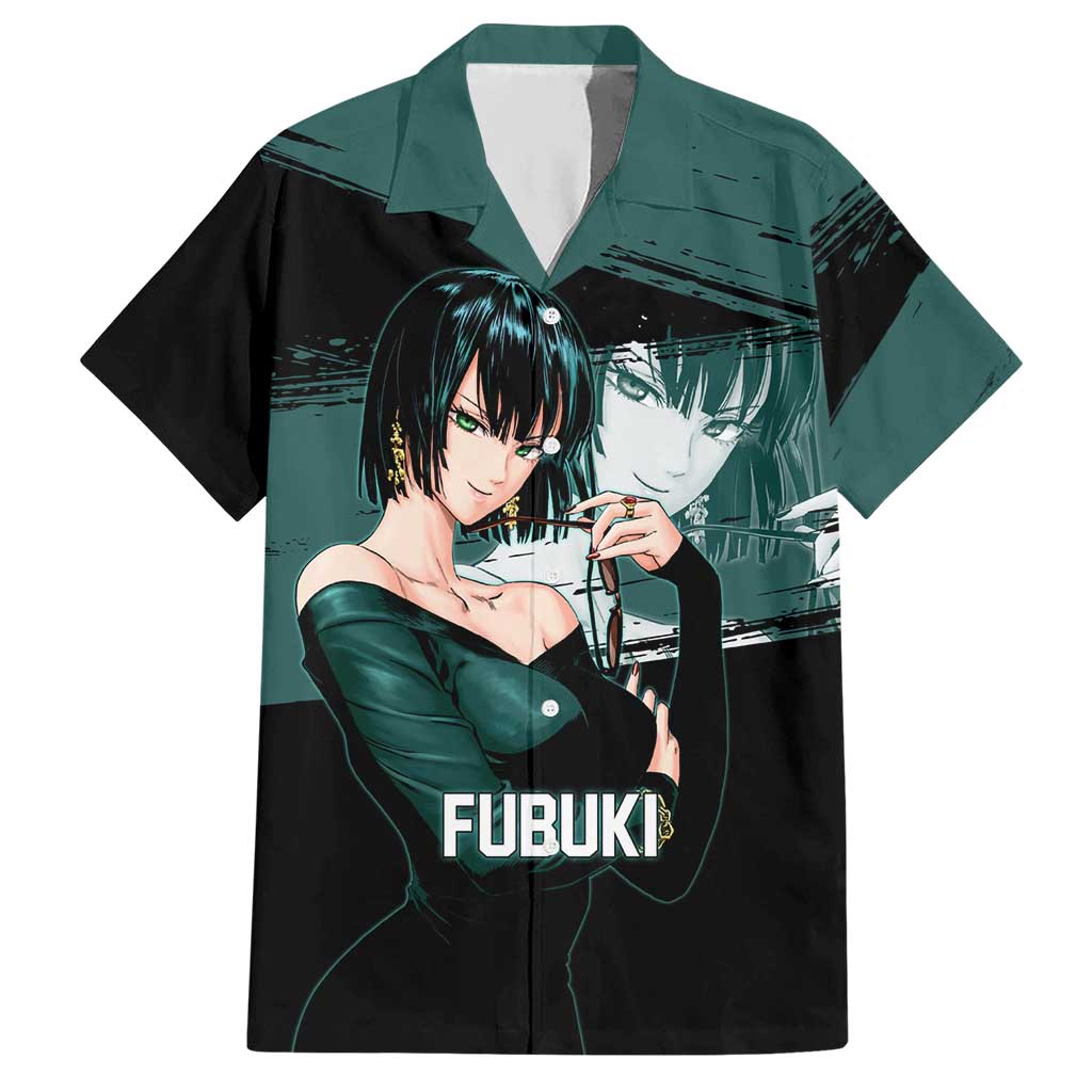 Fubuki One Punch Man Anime Teal and Black Theme Hawaiian Shirt with Elegant Psychic Pose and Cool Urban Style - The Mazicc