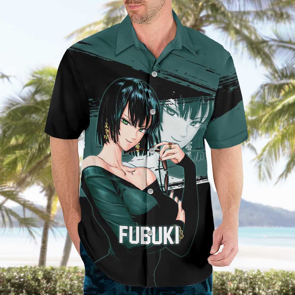 Fubuki One Punch Man Anime Teal and Black Theme Hawaiian Shirt with Elegant Psychic Pose and Cool Urban Style - The Mazicc