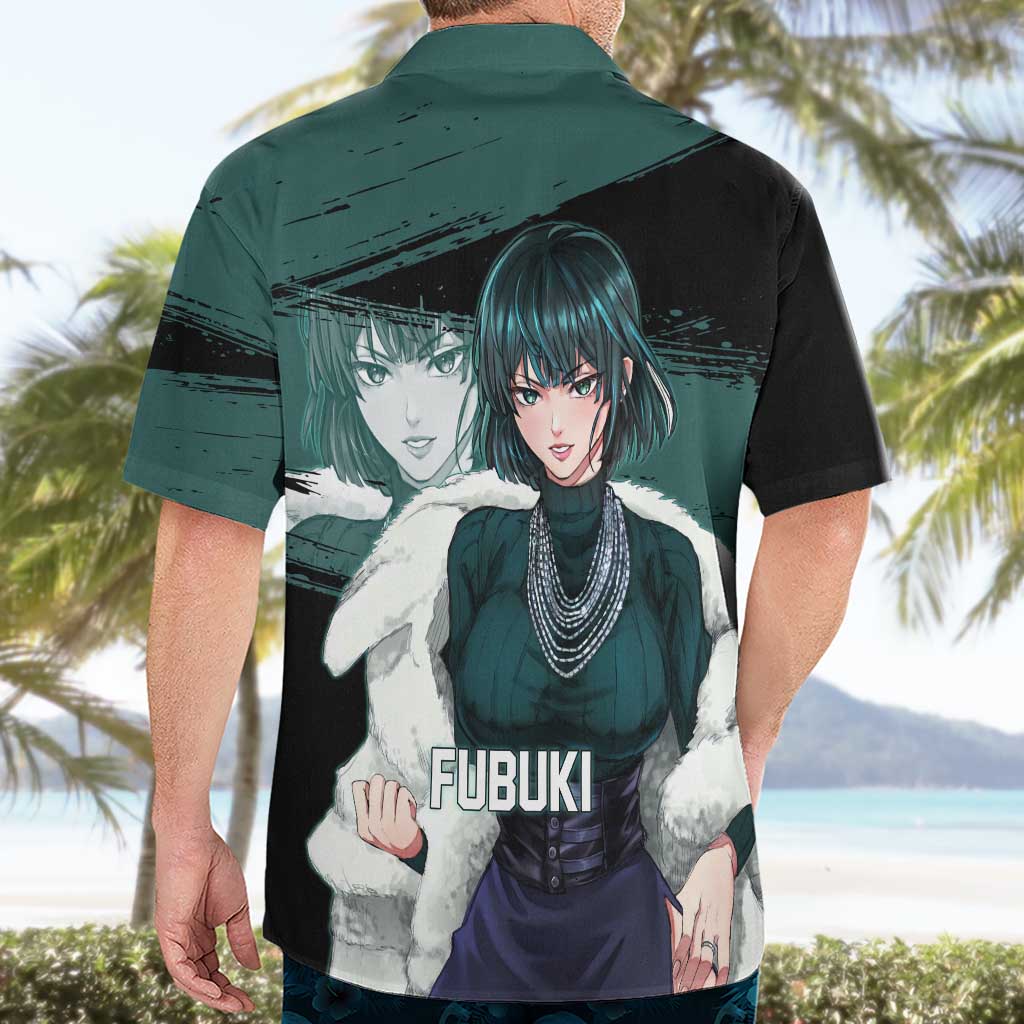Fubuki One Punch Man Anime Teal and Black Theme Hawaiian Shirt with Elegant Psychic Pose and Cool Urban Style - The Mazicc