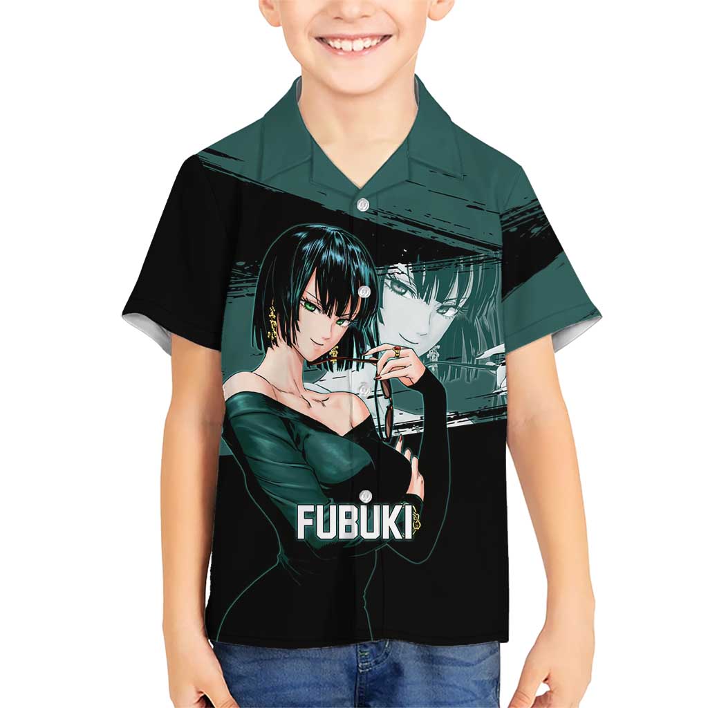 Fubuki One Punch Man Anime Teal and Black Theme Hawaiian Shirt with Elegant Psychic Pose and Cool Urban Style - The Mazicc
