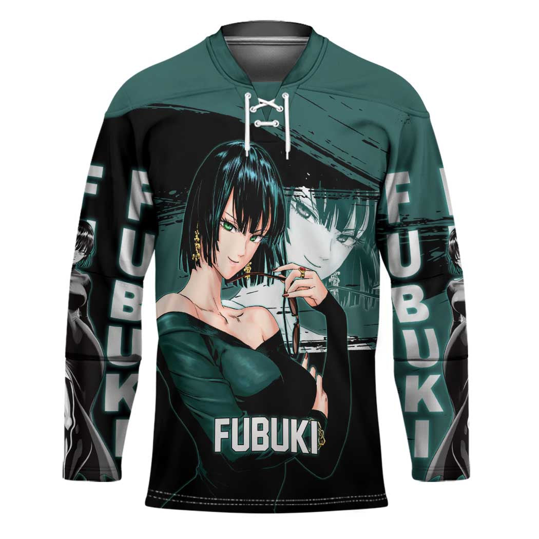 Fubuki One Punch Man Anime Teal and Black Theme Hockey Jersey with Elegant Psychic Pose and Cool Urban Style - The Mazicc