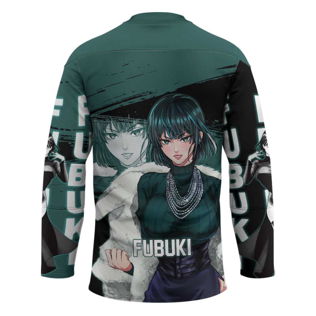 Fubuki One Punch Man Anime Teal and Black Theme Hockey Jersey with Elegant Psychic Pose and Cool Urban Style - The Mazicc