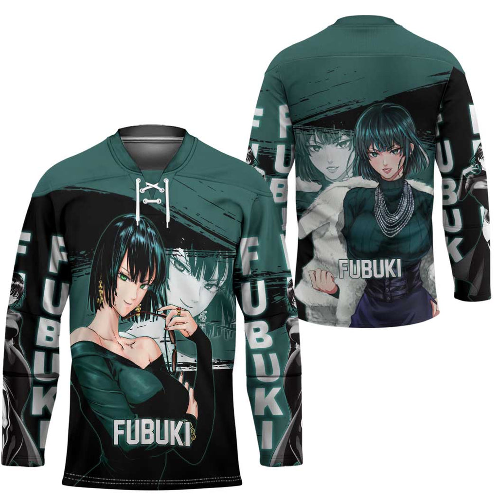 Fubuki One Punch Man Anime Teal and Black Theme Hockey Jersey with Elegant Psychic Pose and Cool Urban Style - The Mazicc