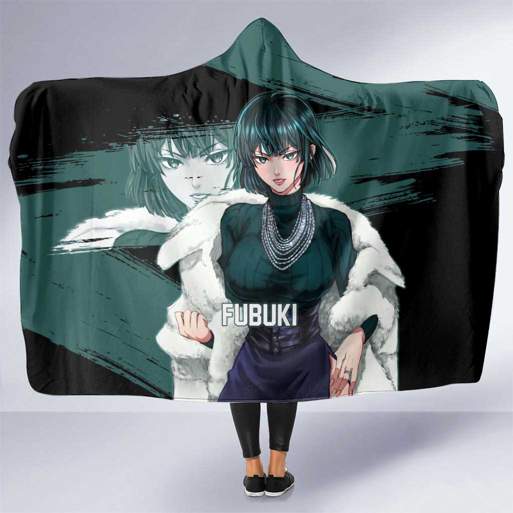 Fubuki One Punch Man Anime Teal and Black Theme Hooded Blanket with Elegant Psychic Pose and Cool Urban Style - The Mazicc