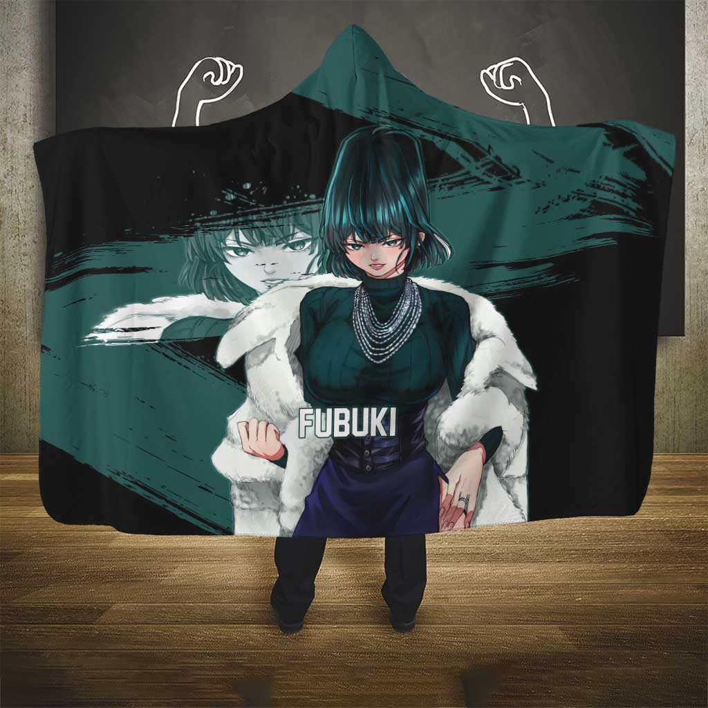 Fubuki One Punch Man Anime Teal and Black Theme Hooded Blanket with Elegant Psychic Pose and Cool Urban Style - The Mazicc