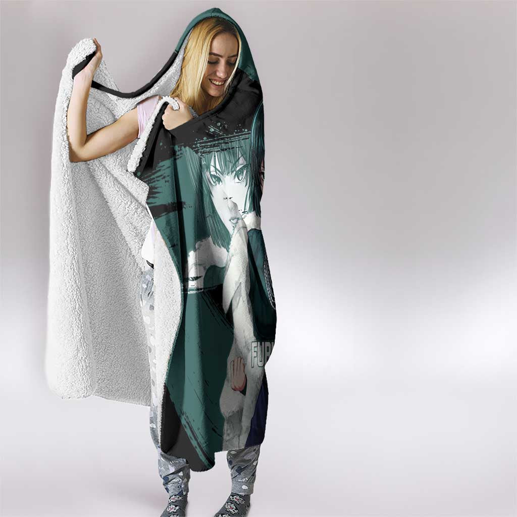 Fubuki One Punch Man Anime Teal and Black Theme Hooded Blanket with Elegant Psychic Pose and Cool Urban Style - The Mazicc