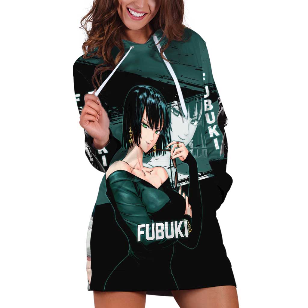 Fubuki One Punch Man Anime Teal and Black Theme Hoodie Dress with Elegant Psychic Pose and Cool Urban Style - The Mazicc