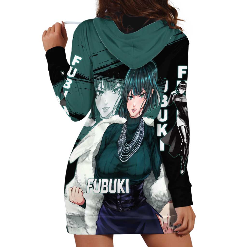 Fubuki One Punch Man Anime Teal and Black Theme Hoodie Dress with Elegant Psychic Pose and Cool Urban Style - The Mazicc