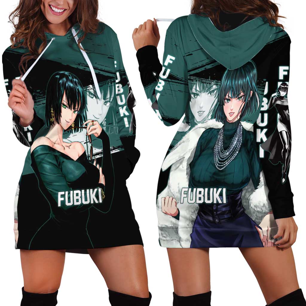 Fubuki One Punch Man Anime Teal and Black Theme Hoodie Dress with Elegant Psychic Pose and Cool Urban Style - The Mazicc