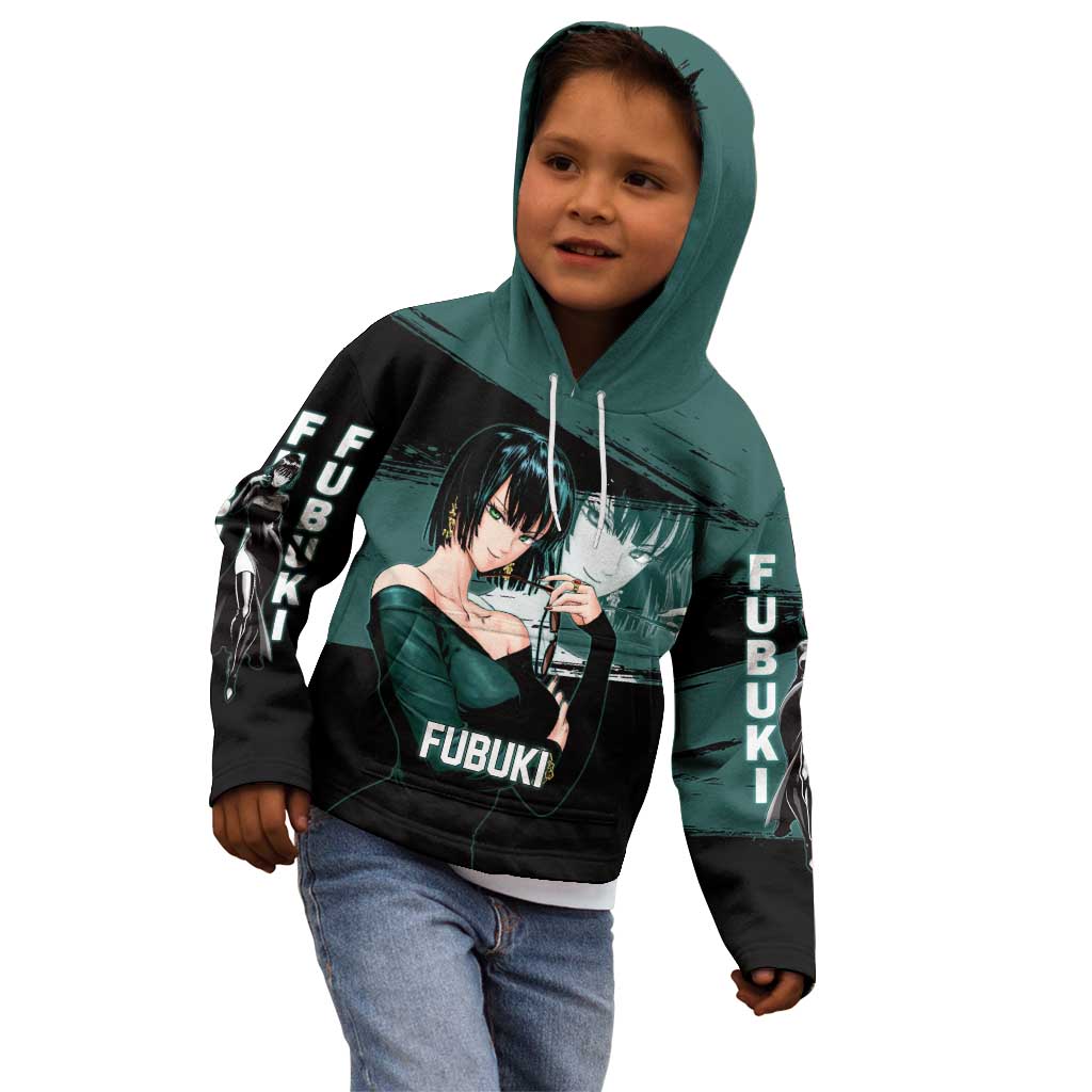 Fubuki One Punch Man Anime Teal and Black Theme Kid Hoodie with Elegant Psychic Pose and Cool Urban Style - The Mazicc