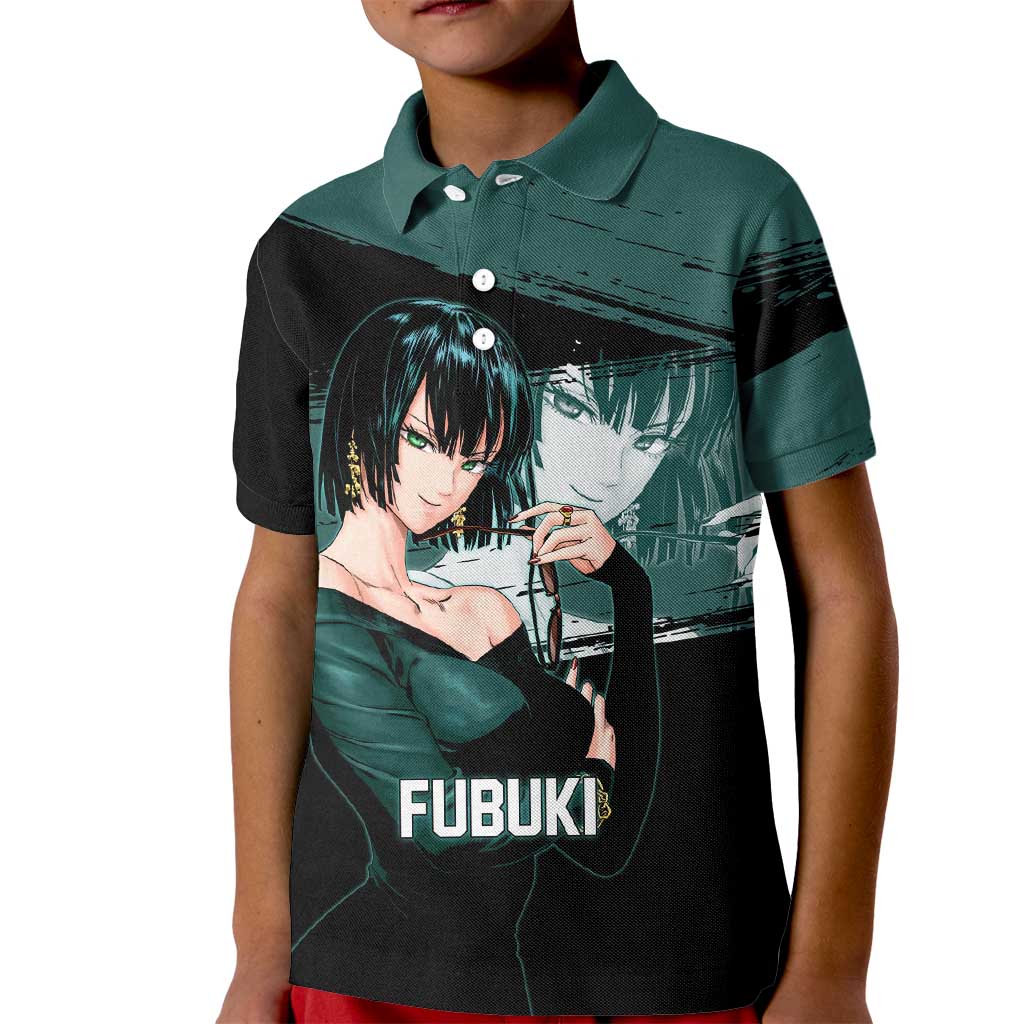 Fubuki One Punch Man Anime Teal and Black Theme Kid Polo Shirt with Elegant Psychic Pose and Cool Urban Style - The Mazicc