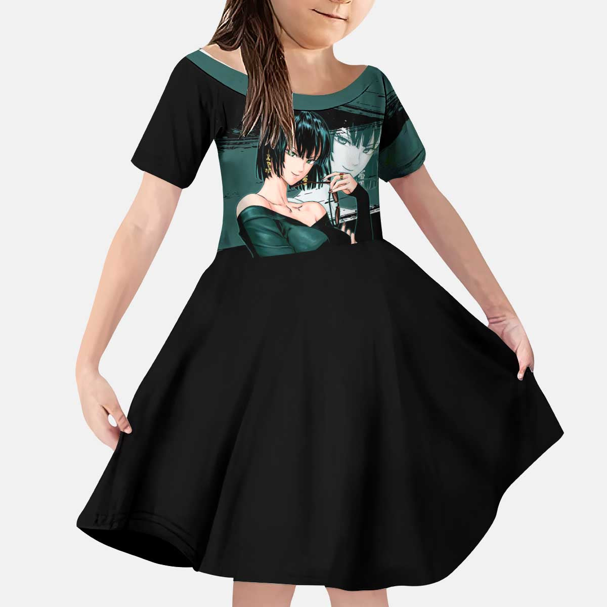 Fubuki One Punch Man Anime Teal and Black Theme Kid Short Sleeve Dress with Elegant Psychic Pose and Cool Urban Style - The Mazicc