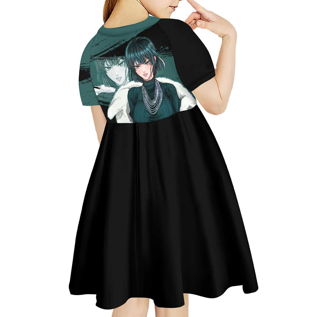 Fubuki One Punch Man Anime Teal and Black Theme Kid Short Sleeve Dress with Elegant Psychic Pose and Cool Urban Style - The Mazicc