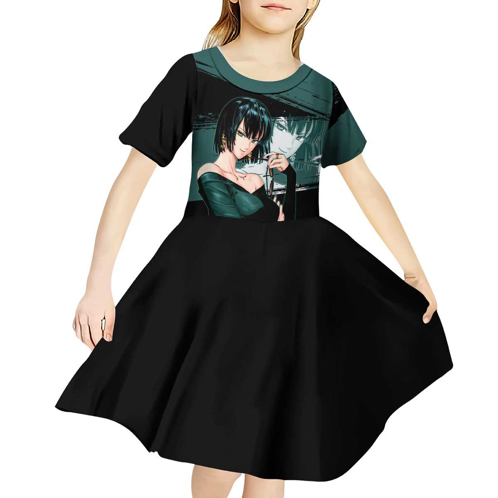 Fubuki One Punch Man Anime Teal and Black Theme Kid Short Sleeve Dress with Elegant Psychic Pose and Cool Urban Style - The Mazicc