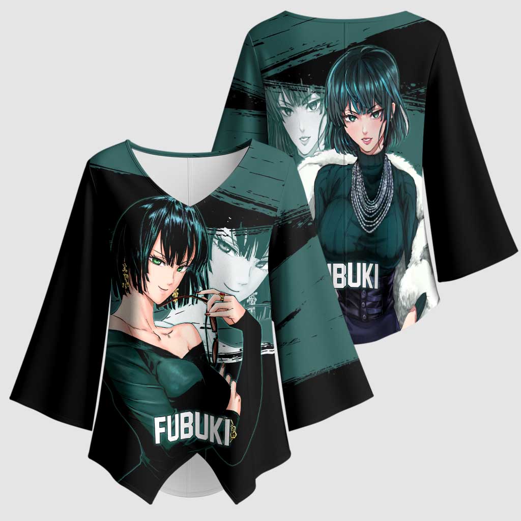 Fubuki One Punch Man Anime Teal and Black Theme Kimono Sleeve Blouse with Elegant Psychic Pose and Cool Urban Style - The Mazicc