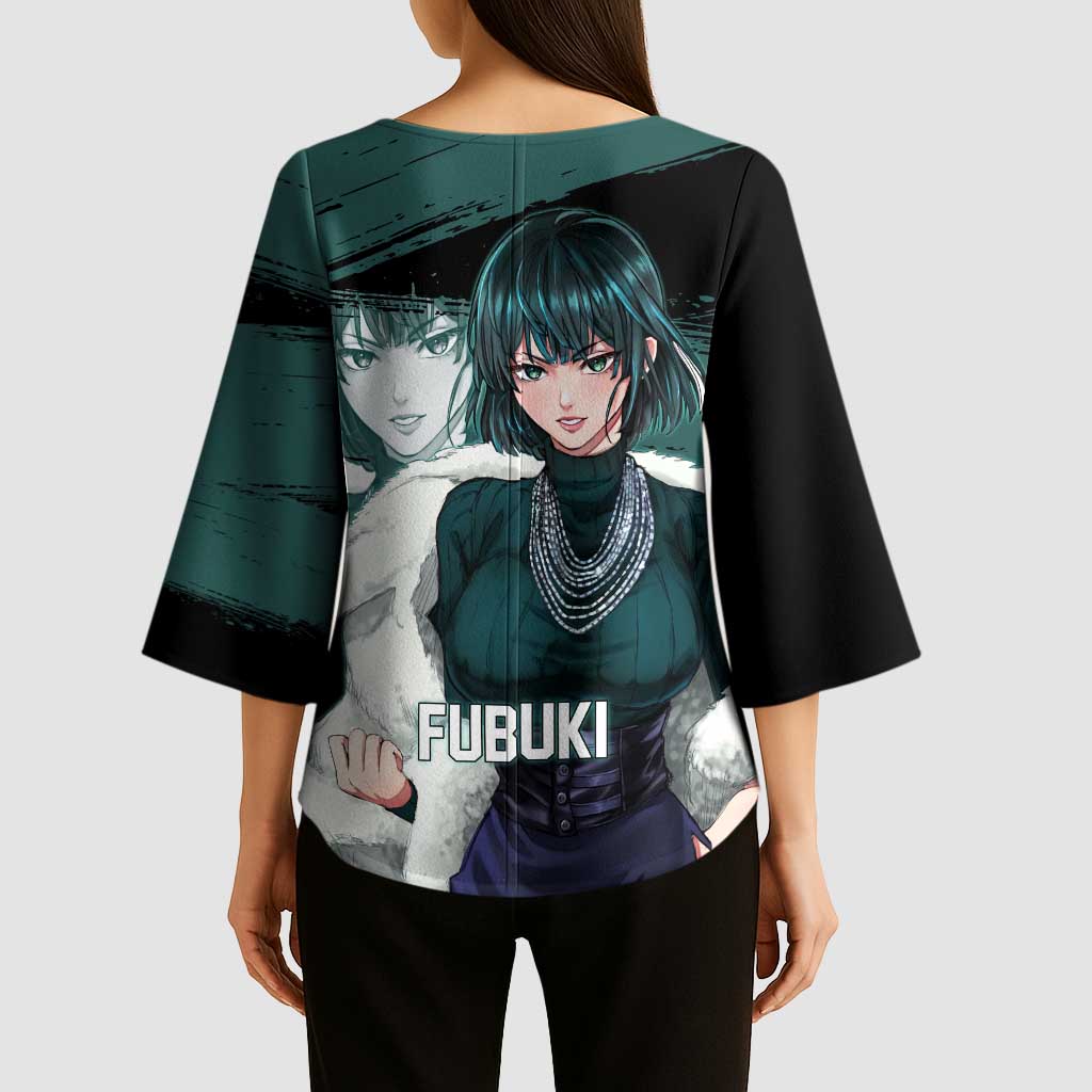 Fubuki One Punch Man Anime Teal and Black Theme Kimono Sleeve Blouse with Elegant Psychic Pose and Cool Urban Style - The Mazicc