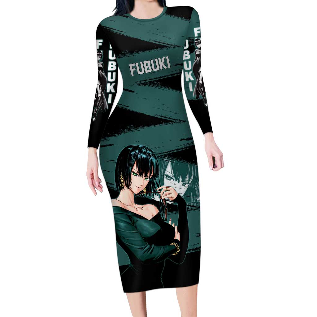 Fubuki One Punch Man Anime Teal and Black Theme Long Sleeve Bodycon Dress with Elegant Psychic Pose and Cool Urban Style - The Mazicc