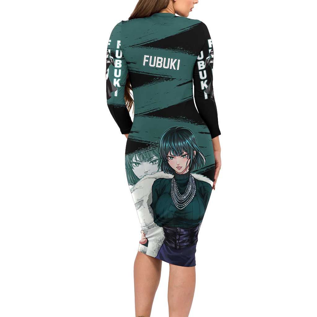 Fubuki One Punch Man Anime Teal and Black Theme Long Sleeve Bodycon Dress with Elegant Psychic Pose and Cool Urban Style - The Mazicc