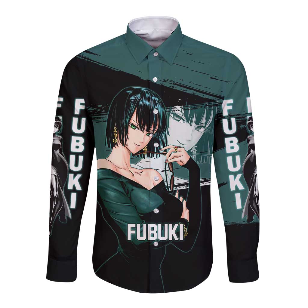 Fubuki One Punch Man Anime Teal and Black Theme Long Sleeve Button Shirt with Elegant Psychic Pose and Cool Urban Style - The Mazicc