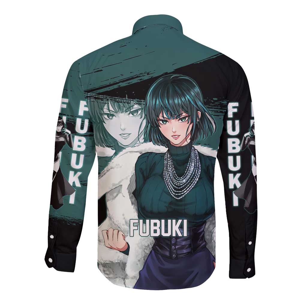 Fubuki One Punch Man Anime Teal and Black Theme Long Sleeve Button Shirt with Elegant Psychic Pose and Cool Urban Style - The Mazicc