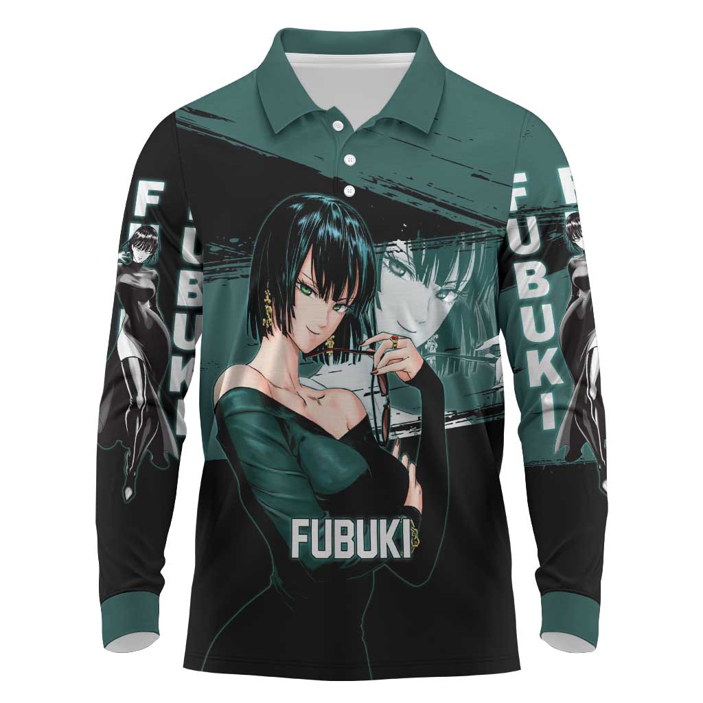 Fubuki One Punch Man Anime Teal and Black Theme Long Sleeve Polo Shirt with Elegant Psychic Pose and Cool Urban Style - The Mazicc