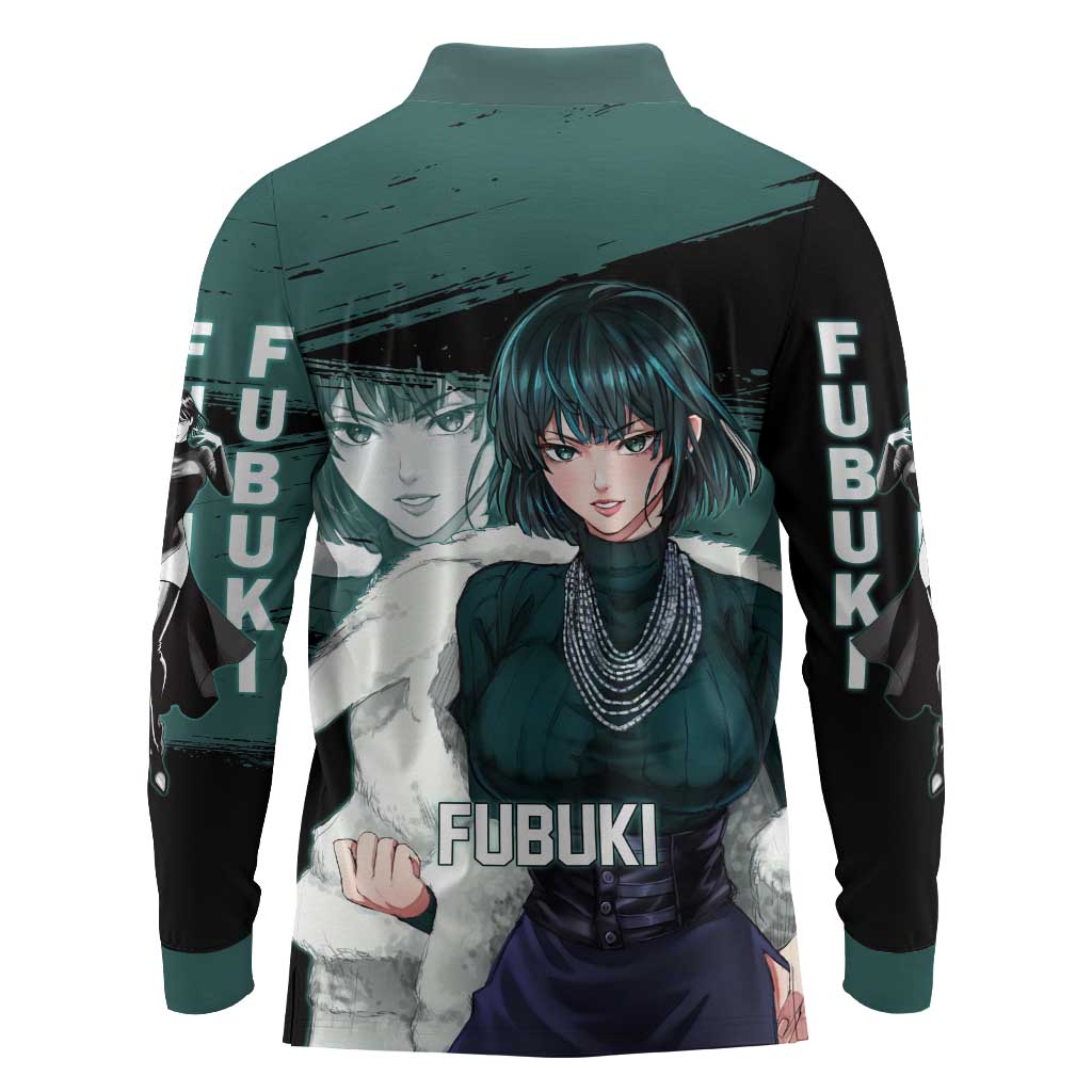 Fubuki One Punch Man Anime Teal and Black Theme Long Sleeve Polo Shirt with Elegant Psychic Pose and Cool Urban Style - The Mazicc