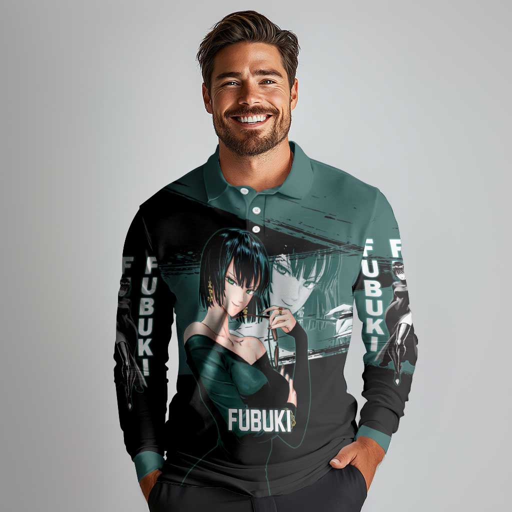 Fubuki One Punch Man Anime Teal and Black Theme Long Sleeve Polo Shirt with Elegant Psychic Pose and Cool Urban Style - The Mazicc