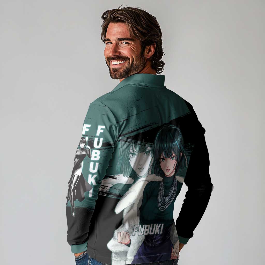 Fubuki One Punch Man Anime Teal and Black Theme Long Sleeve Polo Shirt with Elegant Psychic Pose and Cool Urban Style - The Mazicc