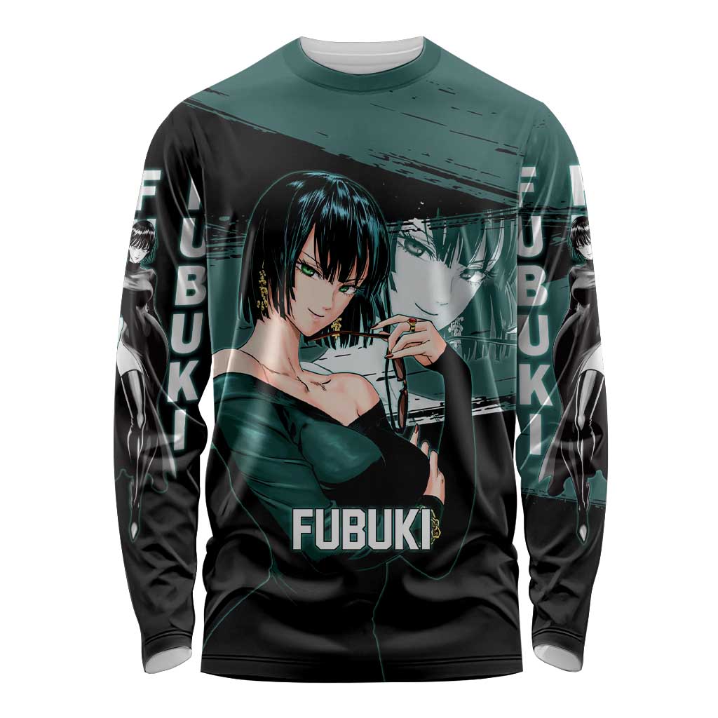 Fubuki One Punch Man Anime Teal and Black Theme Long Sleeve Shirt with Elegant Psychic Pose and Cool Urban Style - The Mazicc