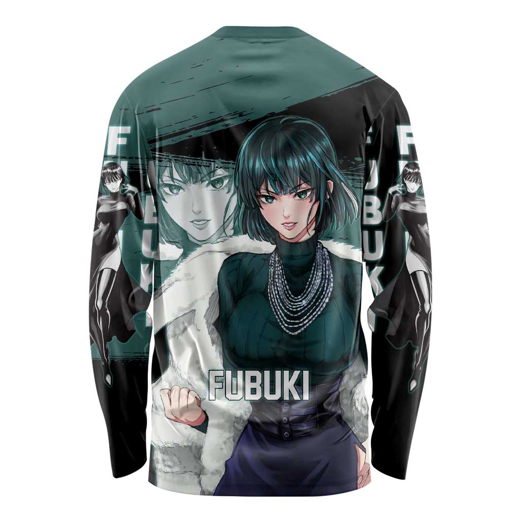Fubuki One Punch Man Anime Teal and Black Theme Long Sleeve Shirt with Elegant Psychic Pose and Cool Urban Style - The Mazicc